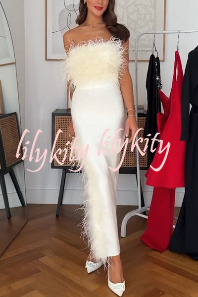 Retro and Glamorous Feather Trim Detail Bandeau Slit Stretch Midi Dress
