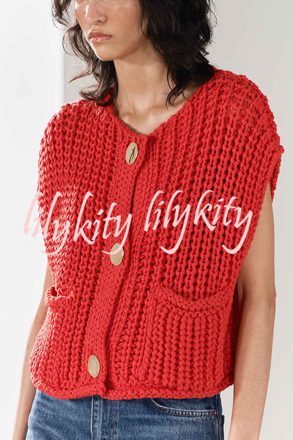 Solid Color Sleeveless Pocket Knitted Vest