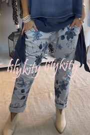 Botanical Print Elastic Waist Pockets Casual Pants