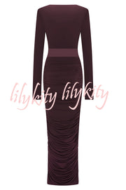 Sexy See-through Long-sleeved V-neck Pleated Slim-fit Maxi Dress