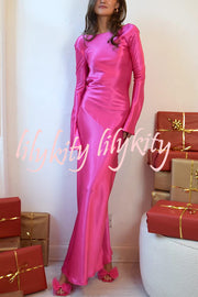 Satin Elegant Long-sleeved Open-back Slim-fit Slit Maxi Dress
