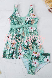 Cheerful Floral Print Bow Detail Tankini Swimsuit Set