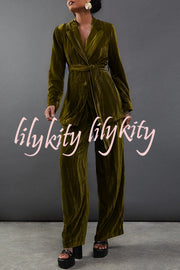 Solid Color Velvet Long-sleeved Waist Tie Top and Elastic Waist Casual Pocket Straight-leg Pants Set