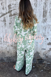 Linen Blend Unique Print Long Sleeve Loose Shirt and Elastic Waist Tie Pocket Pants Set