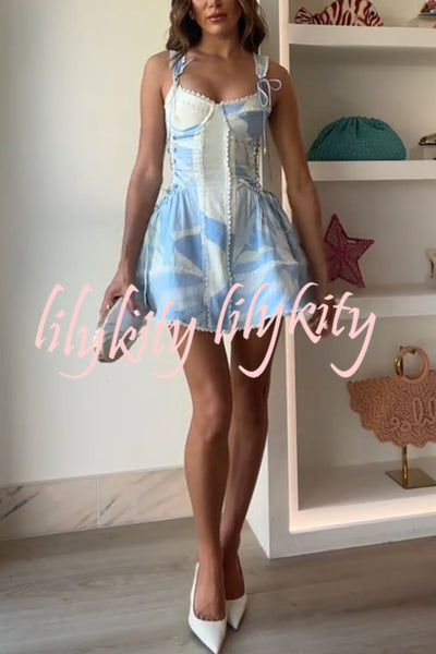 Avere Linen Blend Unique Print Scallop Trim Side Lace-up Mini Dress