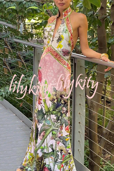 Botanical Print Sexy Sleeveless Open Back Maxi Dress