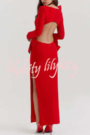 Lovely Bow Cutout Button Back Zipper Long Sleeve Maxi Dress