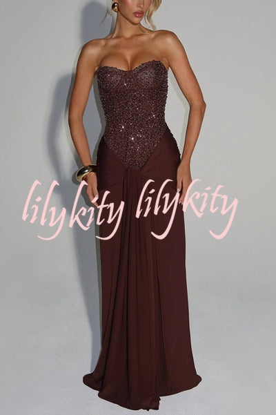 Carina Sequined and Satin Jersey Off Shoulder Ruched Knot Drape Maxi Dress