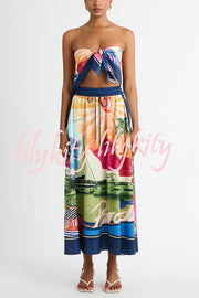 Seaside Holiday Satin Unique Print Knotted Scarf Top and Elastic Waist Loose Maxi Skirt Set