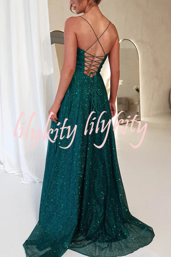 Cinderella Glitter Tulle Fabric Cowl Neck Back Lace-up Pocketed Slit Maxi Dress