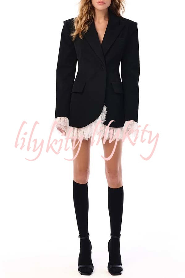 Cue The Chic Lace Trim Button Long Sleeve Lapel Blazer Mini Dress