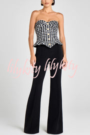 Maya Check Bouclé-tweed Fabric Sweetheart Neck Gold Button Strapless Tank