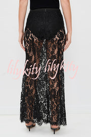Make An Entrance Floral Stretch Lace Mid Rise Flare Maxi Skirt