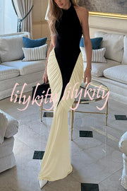 Fashionable Contrast Color Open Back Side Pleated Draped Maxi Dress