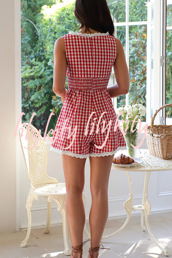 Plaid Print Sleeveless Pleated Waist Casual Rompers