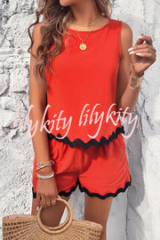 Casual Wavy Edge Buttoned Elastic Waist Shorts Set