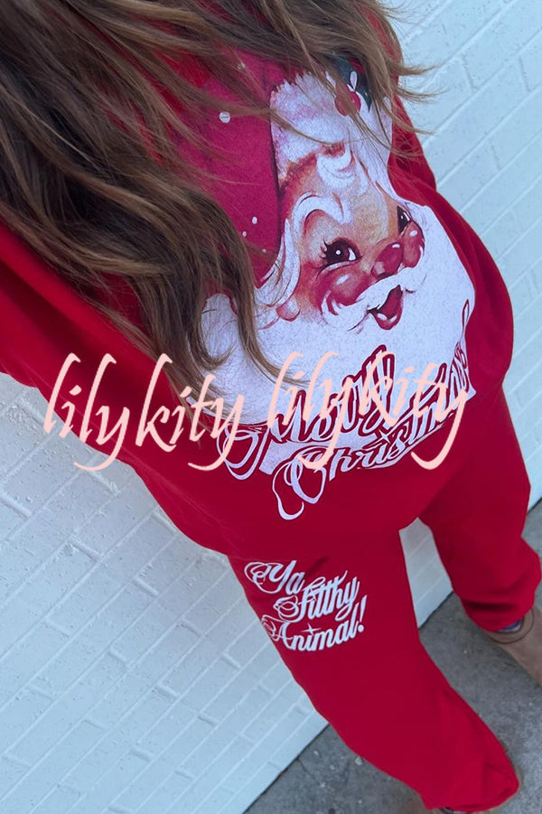 Christmas Santa Print Loose Round Neck Sweatshirt and Elastic Waist Casual Pants Set