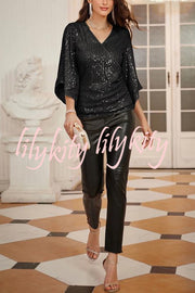 Solid Color Sequined V-neck Hollow Sleeve Slim Fit Top