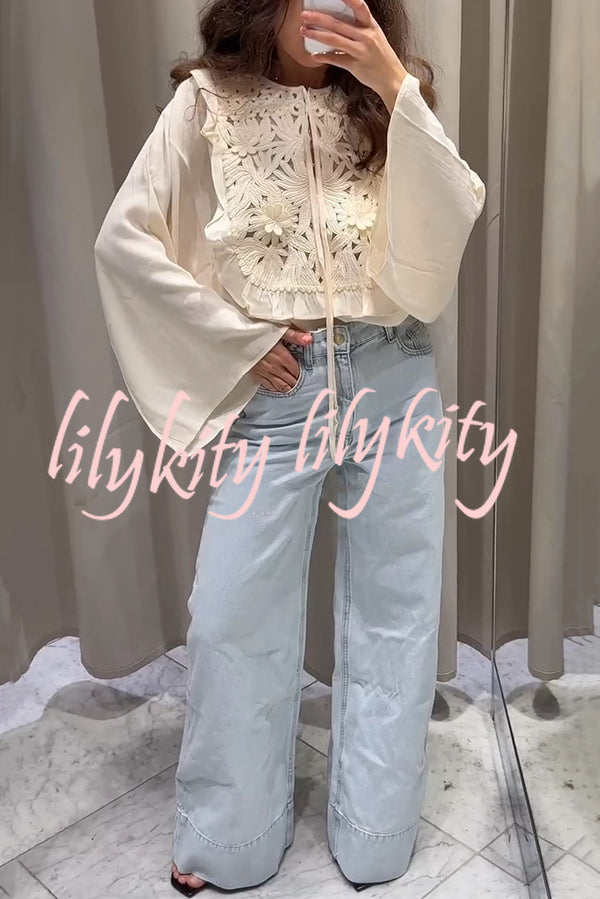 Fashionable Round Neck Tie Hollow Stitching Casual Shirt