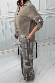 Fashion Lapel Long Sleeve Casual Shirt and Unique Print Elastic Waist Pocket Wide Leg Pants Set