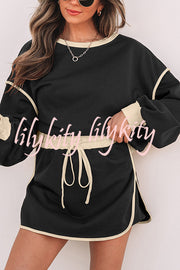 Fashion Round Neck Long Sleeve Spliced Casual Top and Elastic Waist Loose Shorts Set