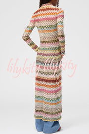 Anna Knit Colorful Herringbone Print Shirt Neck Button Long Sleeve Slim-fit Long Cardigan