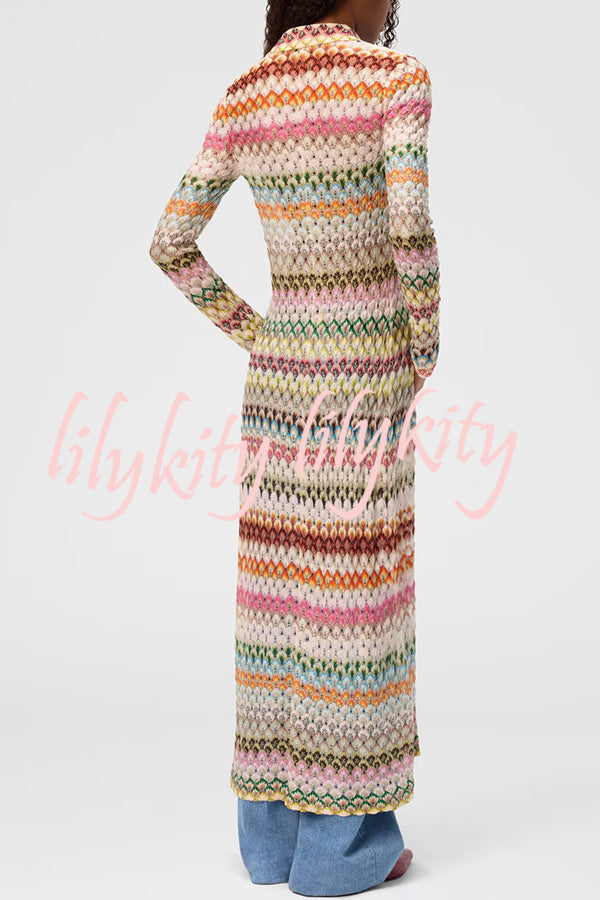 Anna Knit Colorful Herringbone Print Shirt Neck Button Long Sleeve Slim-fit Long Cardigan