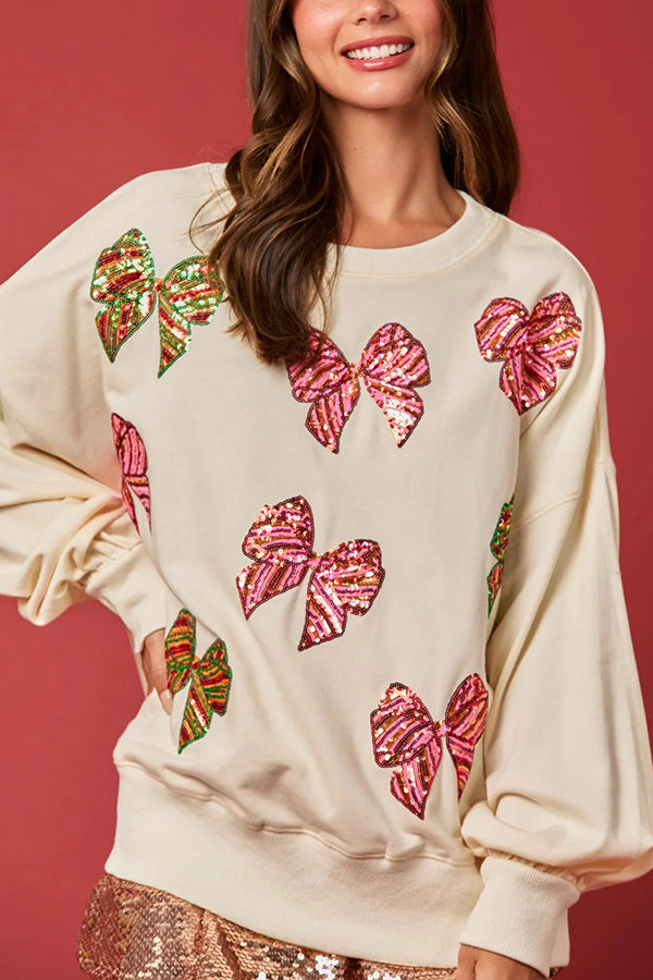 Christmas Bow Sequin Loose Casual Long Sleeve Sweatshirt