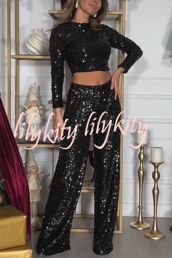 New Start Sequin Long Sleeve Back Tie-up Crop Top and Elastic Waist Loose Pants Set