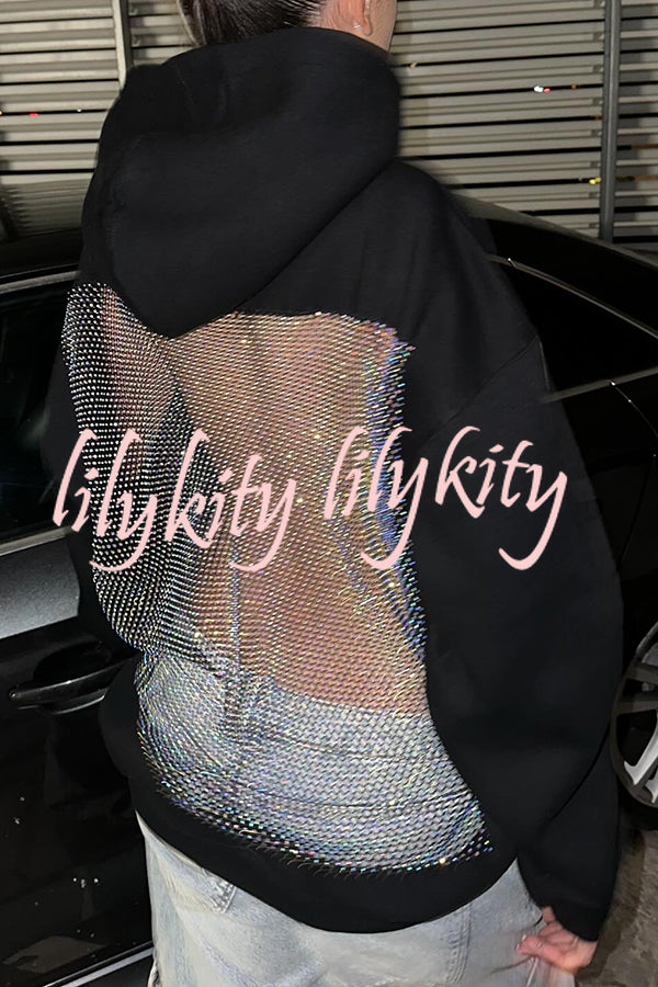 Fashionable Shiny Mesh Hollow Back Loose Long-sleeved Hooded Sweatshirt