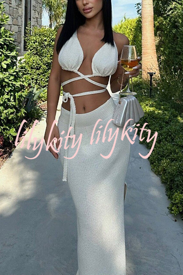 Solid Color Sexy Lace-up Swimsuit and Knitted Elastic Slit Beach Maxi Skirt Set