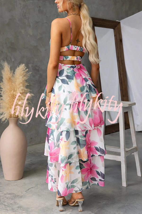 Dreamy Destiny Floral Print Elastic Back Tiered Maxi Dress