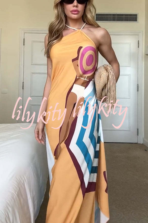 Sun and Sea Unique Print Side Button Rope Halter A-line Maxi Dress