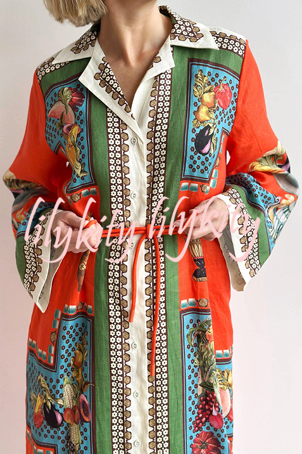 Linen Blend Unique Print Tie-waist Casual Maxi Dress