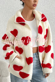 Fashion Plush Heart Print Loose Pocket Long Sleeve Zipper Jacket