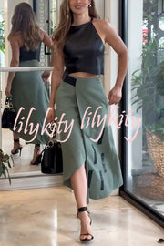 Stylish Cropped Sleeveless Top and Pockets Irregular Hem Skirt Set