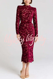 Diane Velvet Embroidered Floral Lace Long Sleeve Belt Scallop Edge Midi Dress