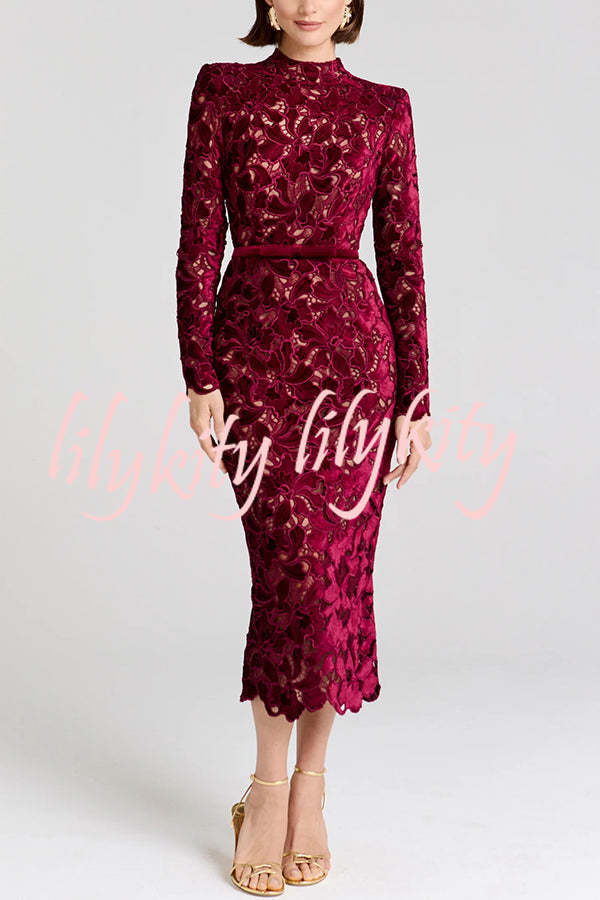 Diane Velvet Embroidered Floral Lace Long Sleeve Belt Scallop Edge Midi Dress