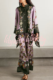 Satin Unique Print Loose Batwing Sleeve Top and Elastic Waist Pocket Casual Wide-leg Pants Set