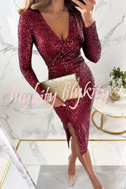 Main Character Sequin Long Sleeve Side Slit Midi Dress