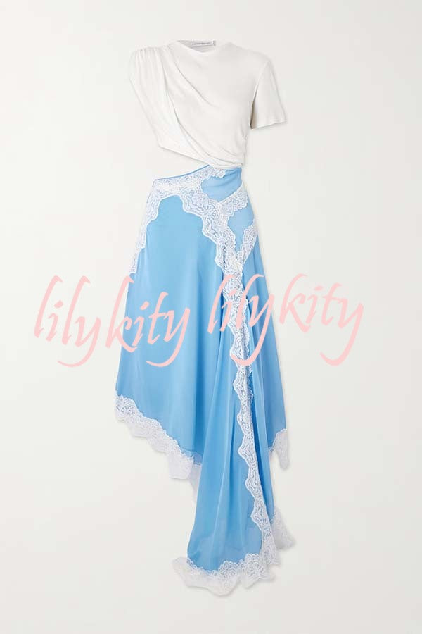 Verve Ribbed Jersey Cutout Waist Asymmetric Satin Lace Hem Maxi Dress