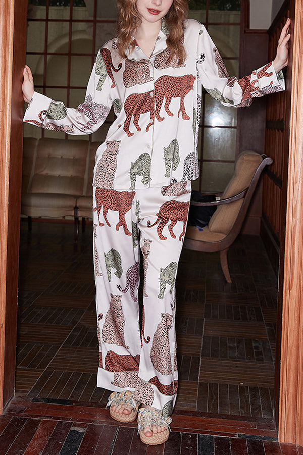 White North China Leopard Print Home Long Sleeve Two-piece Set