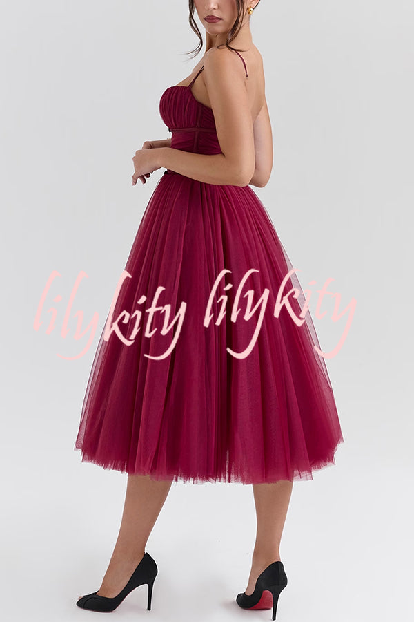 Royal Treatment Tulle Bows Detail Ruched Slip Midi Dress