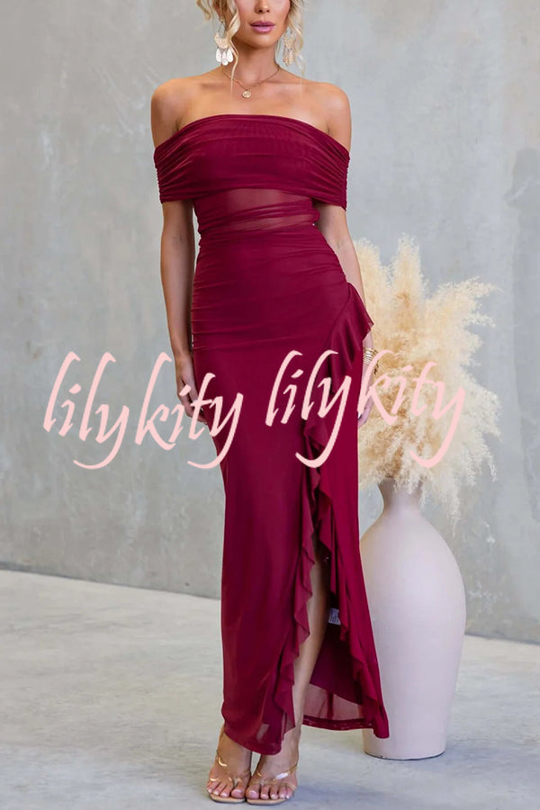 Sexy Mesh Off-shoulder Slim Fit Ruffled Slit Maxi Dress