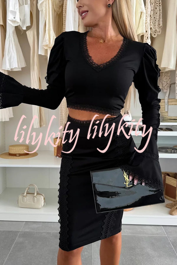 Career Beauty Lace Paneled Long Bell Sleeve Crop Top and High Rise Mini Skirt Set