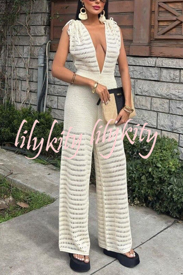 Solid Color Knitted V-neck Holiday Hollow Casual Jumpsuit