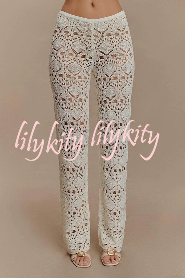 Trena Crochet Knit Hollow Mid Rise Stretch Wide Leg Pants