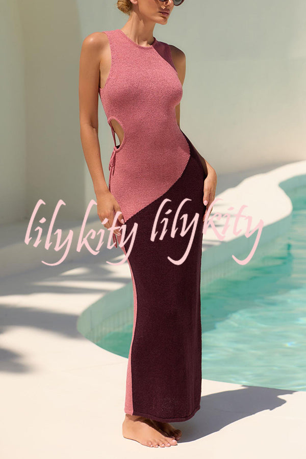 Sunday At The Beach Knit Color Block Sexy Hollow Lace-up Cover-up Maxi Dress