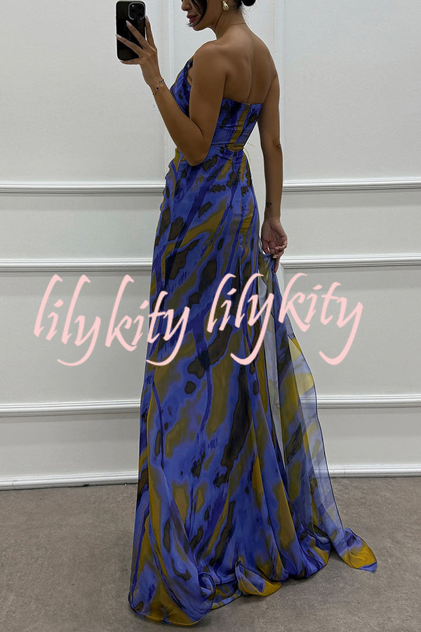 Amazing Views Watercolor Print Feather Rose Detail Off Shoulder Pleated Slit Maxi Dress