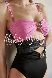 Color Block Patchwork Hollow Metal Decorative Stretch One-piece Swimsuit